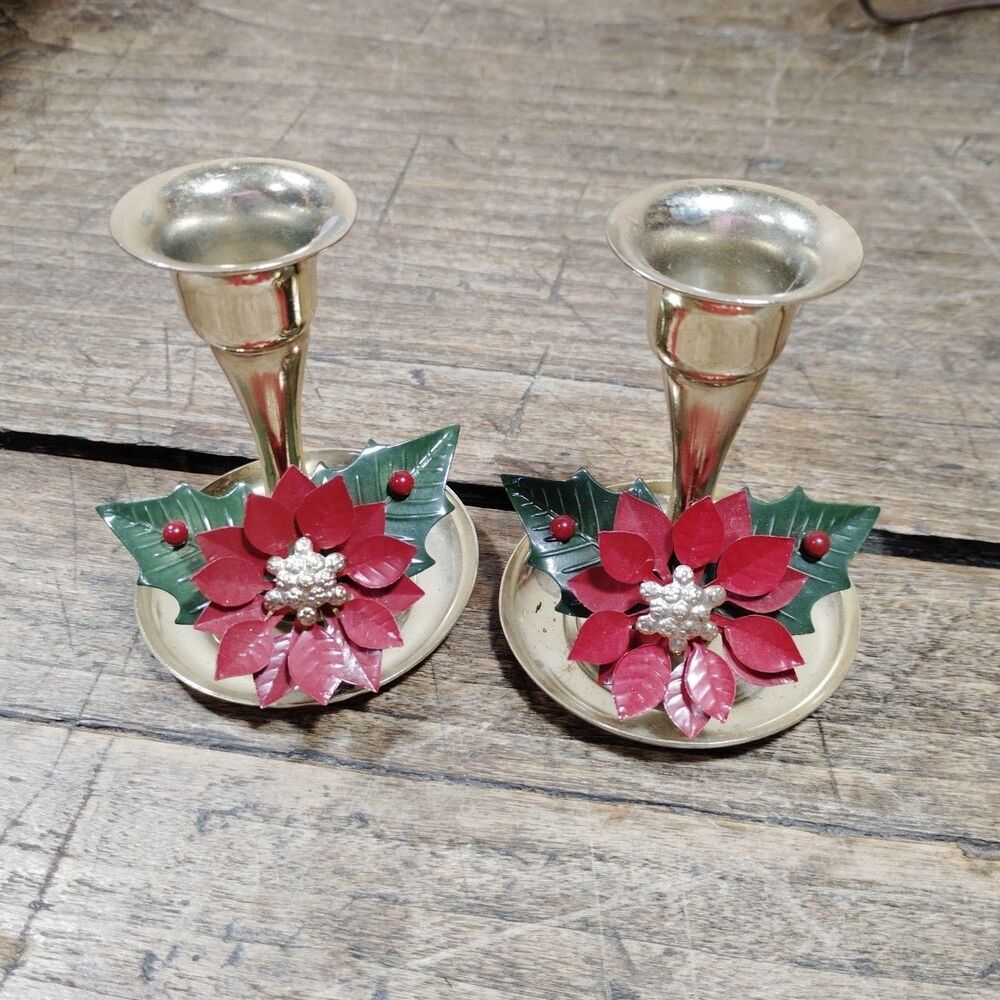 2 Brass Poinsettia Holly Leaf Candle Holders Japan Vintage Metal Christmas